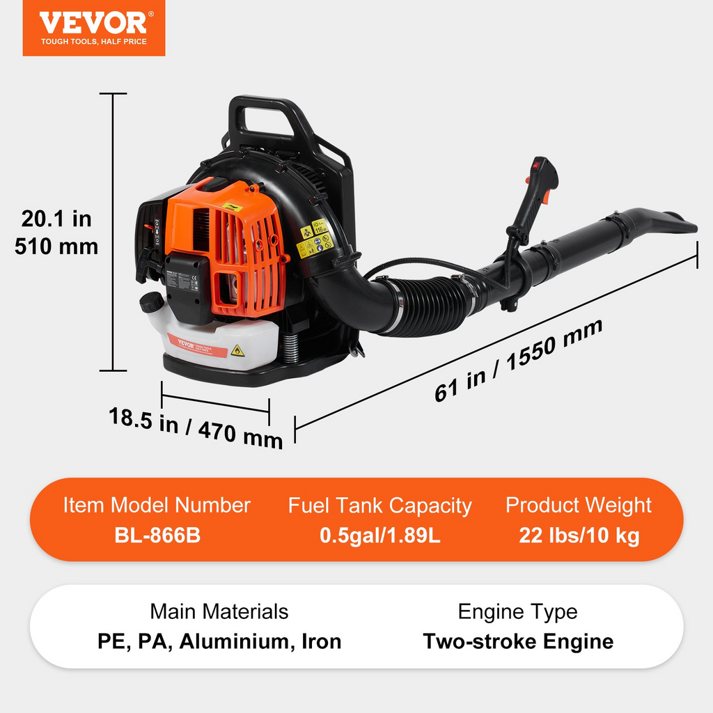 Soplador de hojas de gasolina de 2 tiempos y 62 cc volumen de aire de 1110 CFM