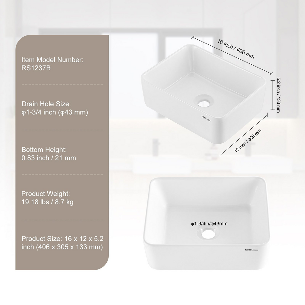 Lavabo de cerámica moderno VEVOR de 16" x 12" para baño