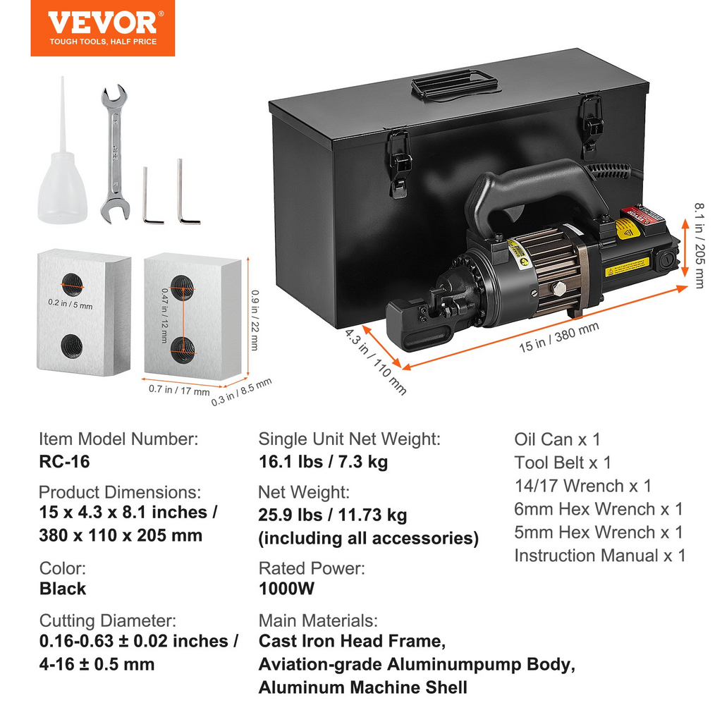 Cortadora de varillas de refuerzo hidráulica eléctrica VEVOR de 1000 W que corta hasta 5/8 pulgadas 4-16 mm