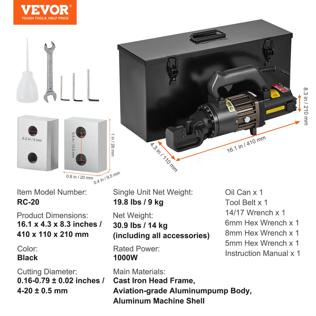 Cortadora de varillas de refuerzo hidráulica eléctrica VEVOR de 1000 W que corta hasta 3/4 de pulgada
