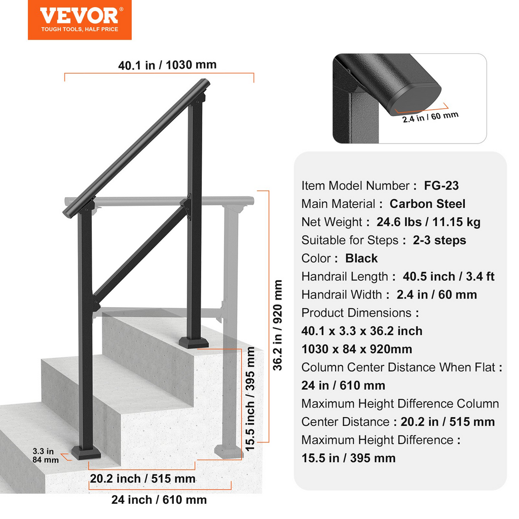 Pasamanos VEVOR 2-3 para exteriores para personas mayores porche terraza tubo cuadrado de acero negro