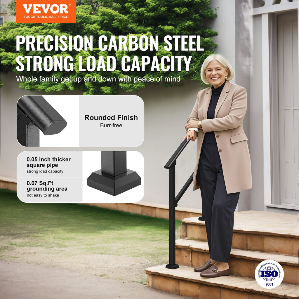 VEVOR 2 PCS 2-3 Pasamanos para Exteriores para Personas Mayores Porche Terraza Tubo Cuadrado Negro