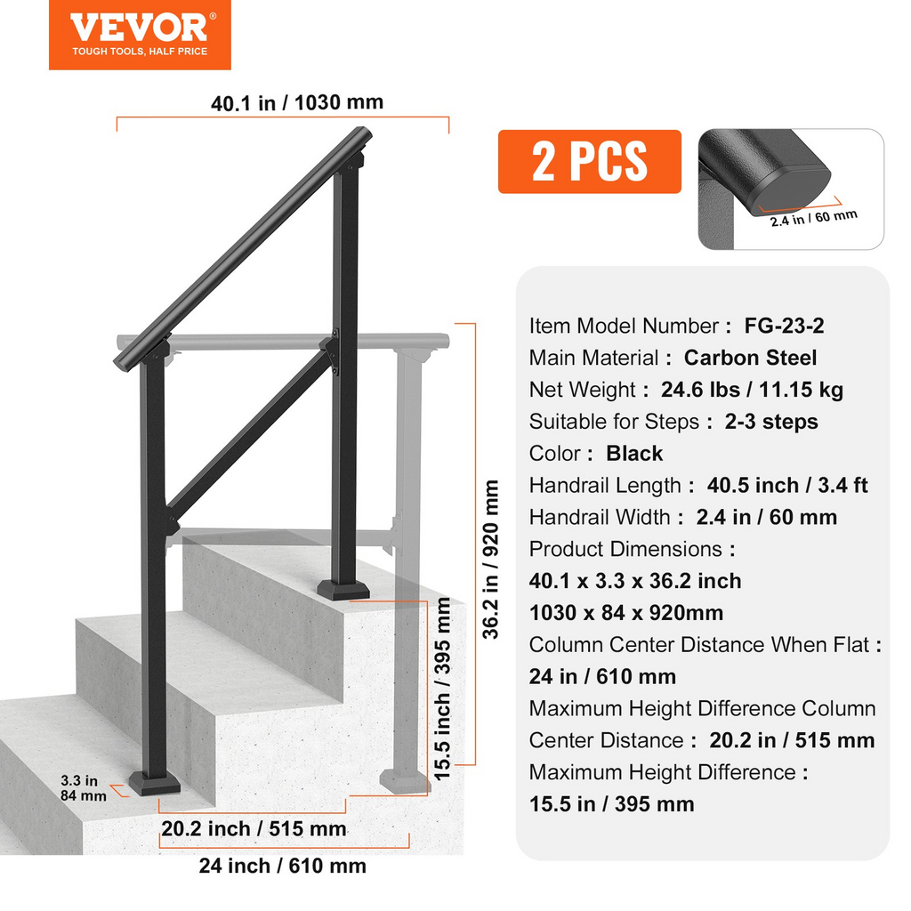 VEVOR 2 PCS 2-3 Pasamanos para Exteriores para Personas Mayores Porche Terraza Tubo Cuadrado Negro