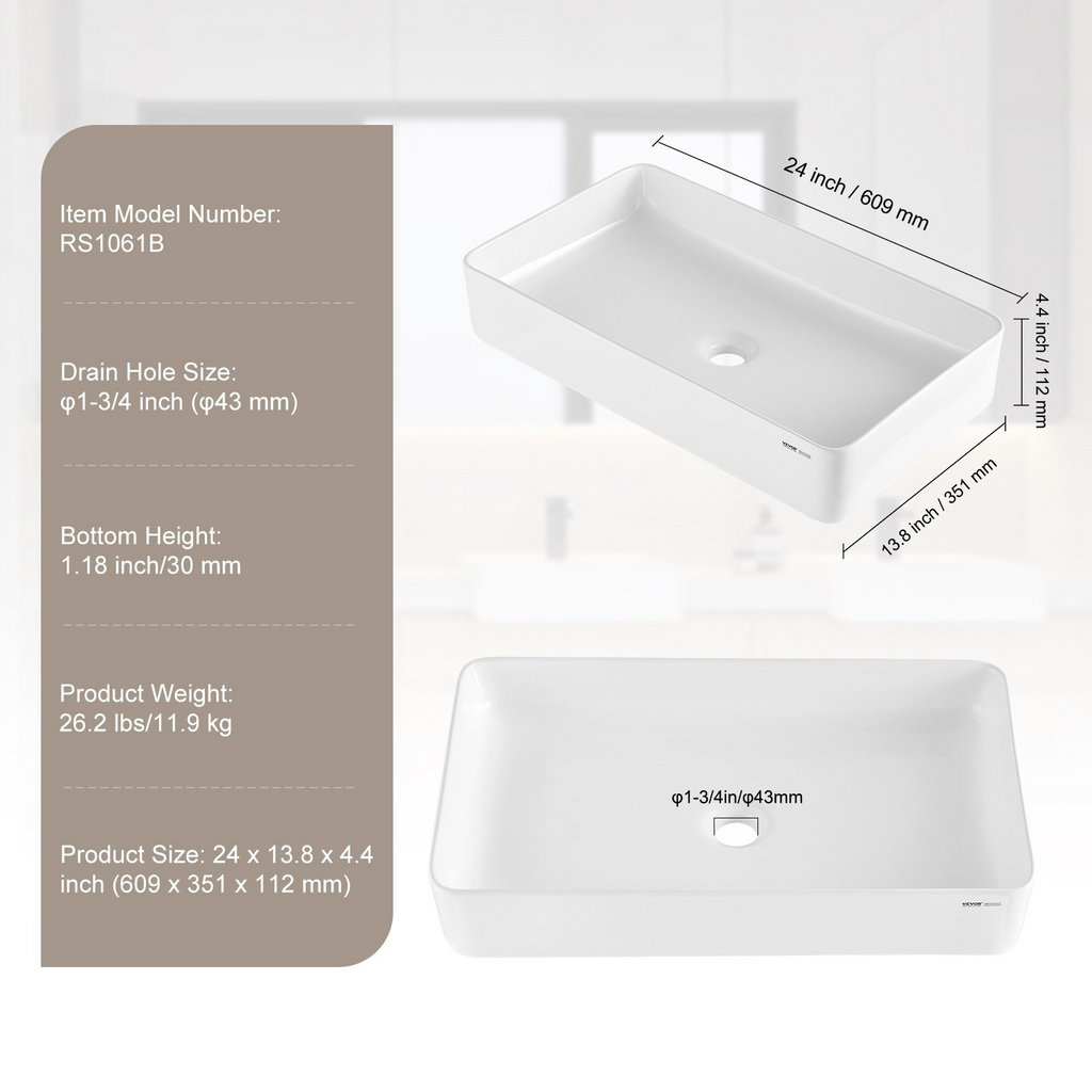 Lavabo de cerámica moderno VEVOR de 24" x 13,8" para baño encimera color blanco