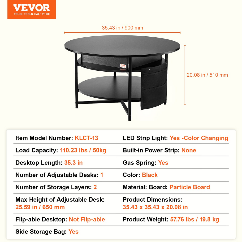 Mesa de centro elevable VEVOR de 35,3" redonda con cajones de almacenamiento, compartimentos ocultos y estante abierto para sala de estar
