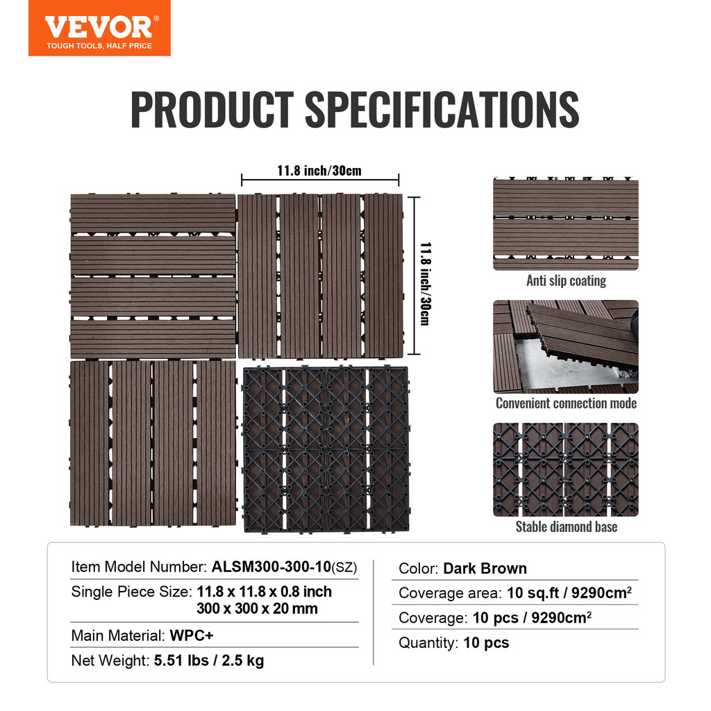 VEVOR Baldosas entrelazadas para terraza de plástico y madera paquete de 10, 12 x 12 pulgadas
