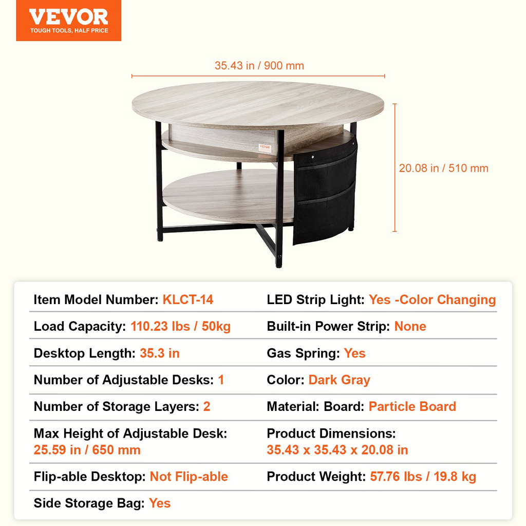 Mesa de centro elevable VEVOR de 35,3" redonda con cajones de almacenamiento, compartimentos ocultos y estante abierto para sala de estar,