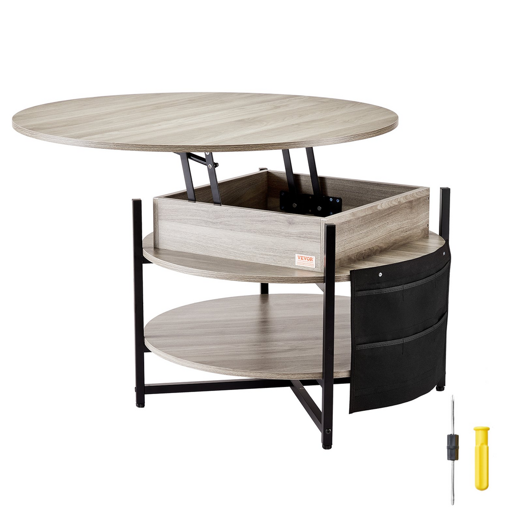 Mesa de centro elevable VEVOR de 35,3" redonda con cajones de almacenamiento, compartimentos ocultos y estante abierto para sala de estar,