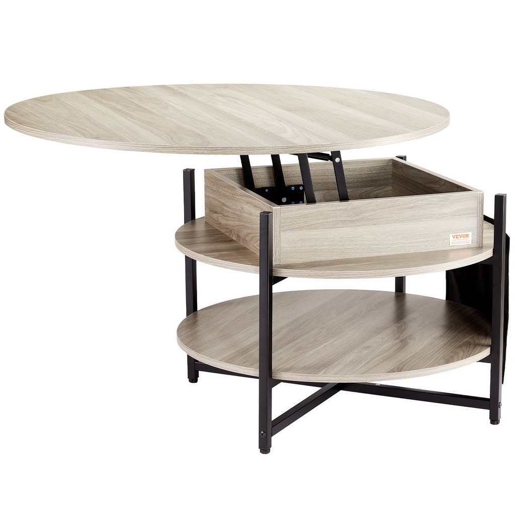 Mesa de centro elevable VEVOR de 35,3" redonda con cajones de almacenamiento, compartimentos ocultos y estante abierto para sala de estar,