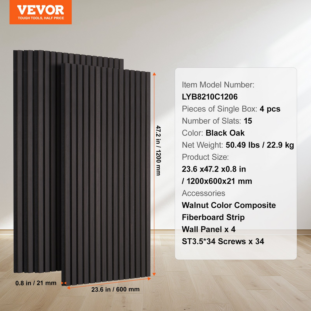 Paneles acústicos de láminas de madera VEVOR de 23,6 x 47,2 pulgadas para decoración de pared moderna en roble negro