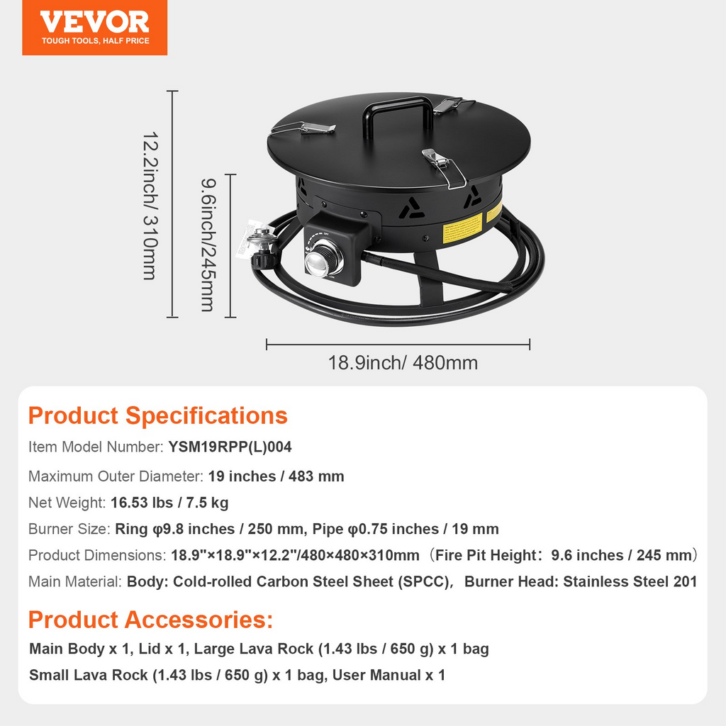 Brasero de gas propano VEVOR de 19" para exteriores portátil para calentar 58 000 BTU