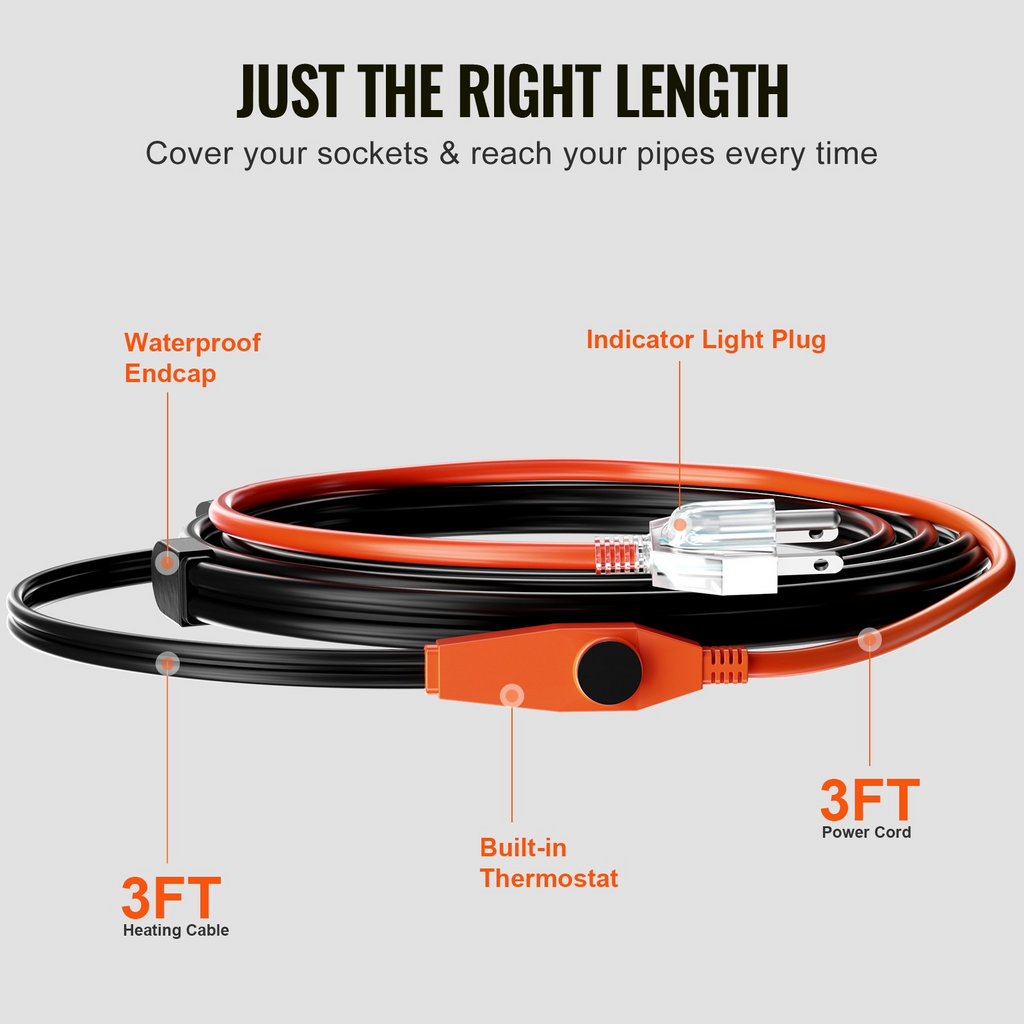 Cable calefactor para tuberías de 3 pies y 7 W/pie