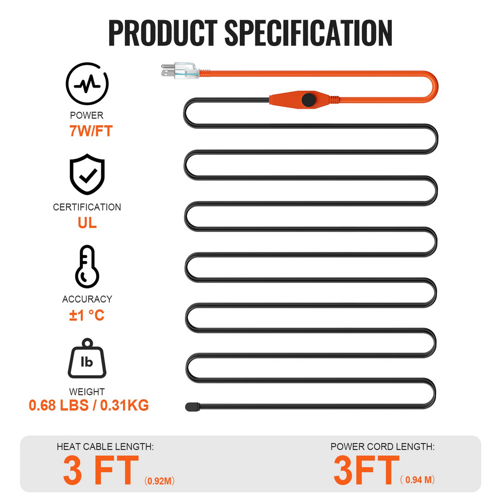Cable calefactor para tuberías de 3 pies y 7 W/pie