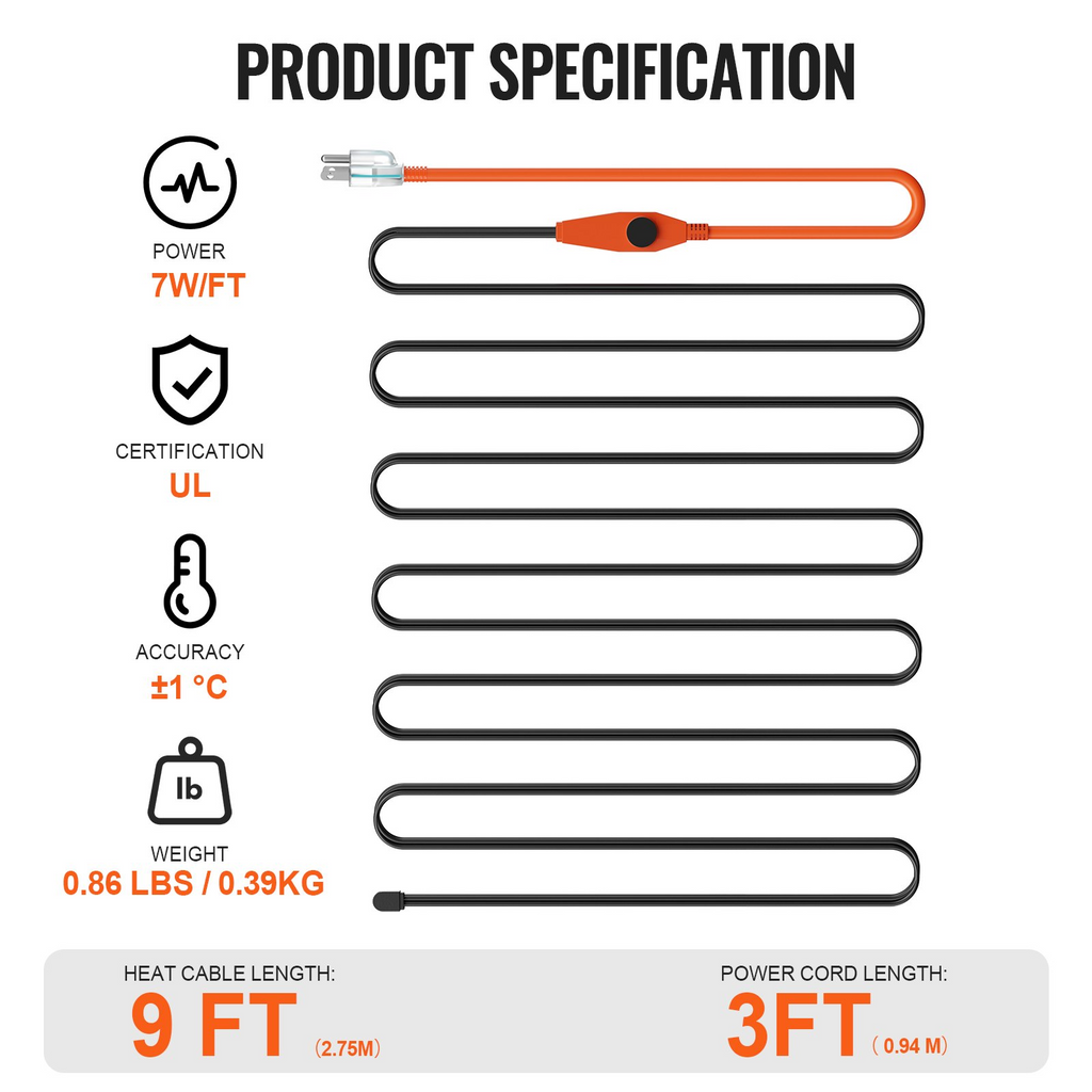 Cable calefactor para tuberías de 9 pies y 7 W/pie
