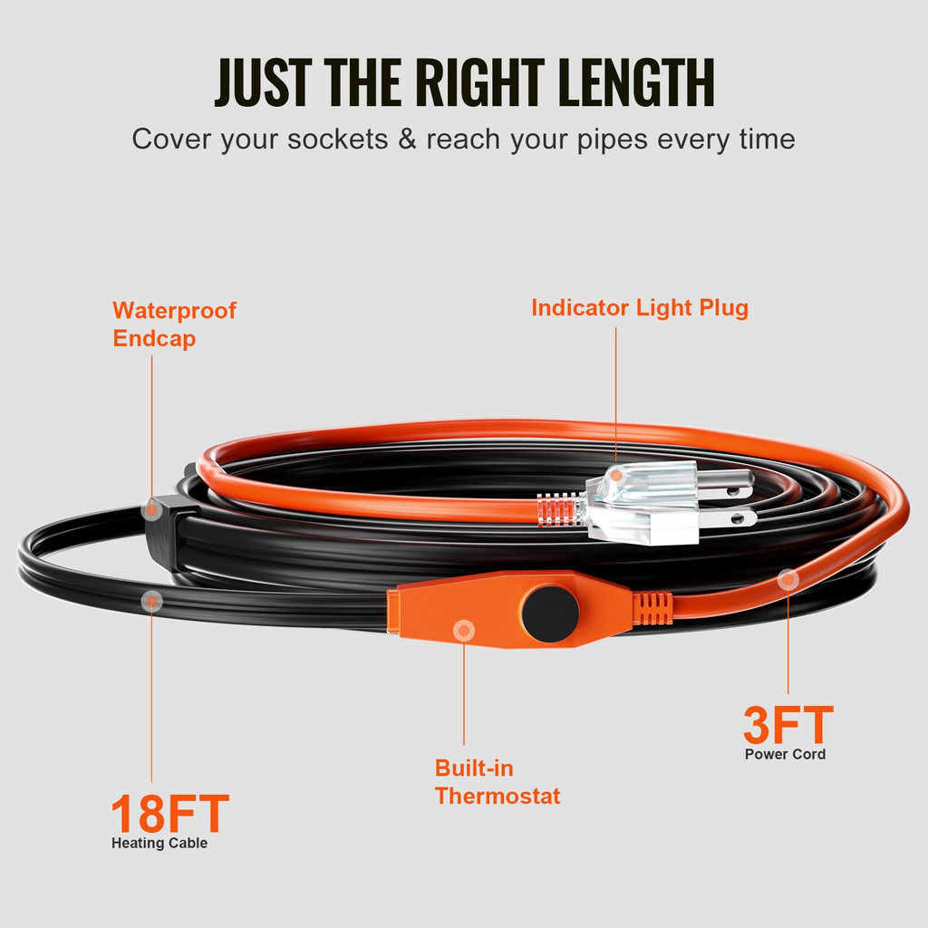 Cable calefactor para tuberías de 18 pies y 7 W/pie Cinta calefactora para tuberías con termostato incorporado