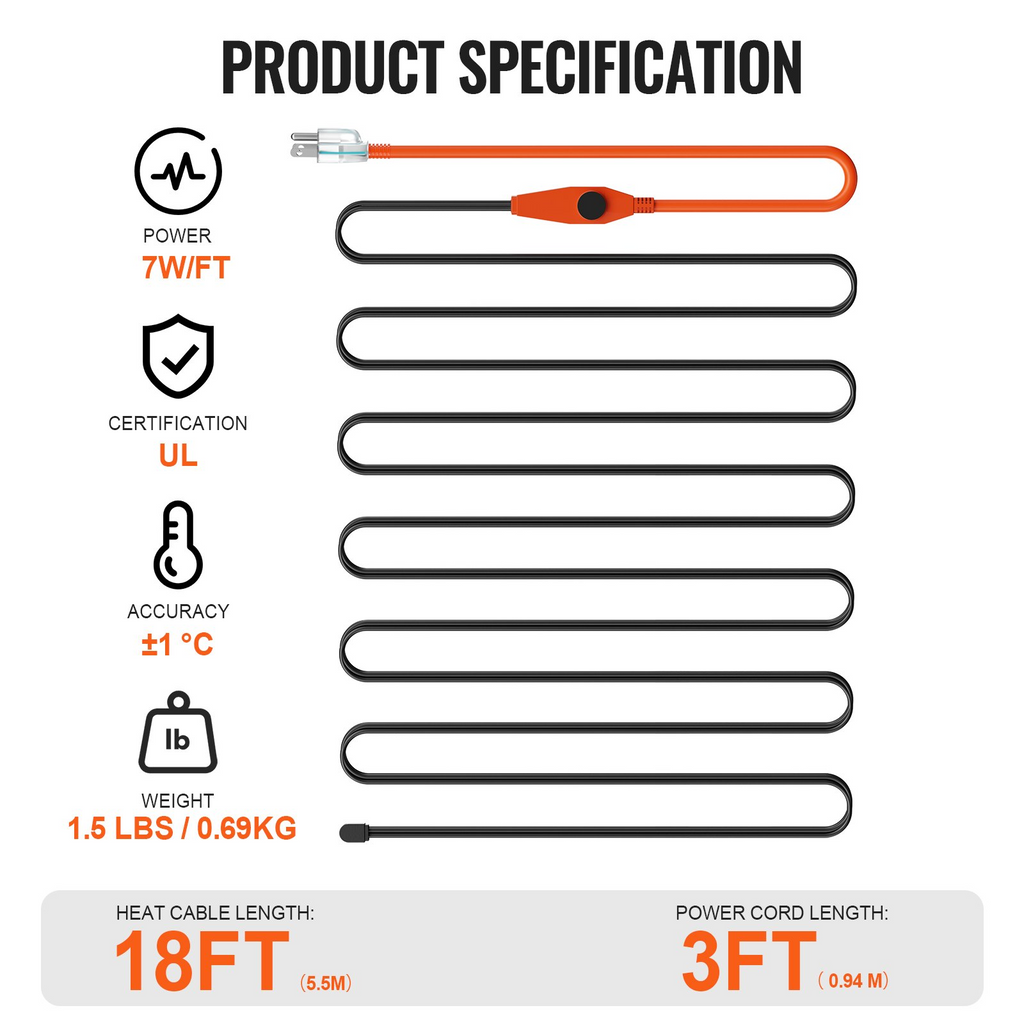 Cable calefactor para tuberías de 18 pies y 7 W/pie Cinta calefactora para tuberías con termostato incorporado
