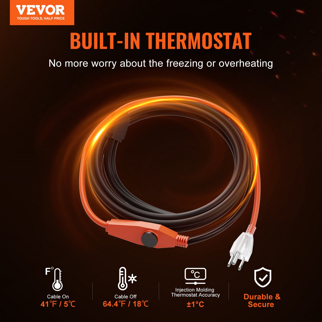 Cable calefactor para tuberías de 6 pies y 7 W/pie Cinta calefactora para tuberías con termostato incorporado
