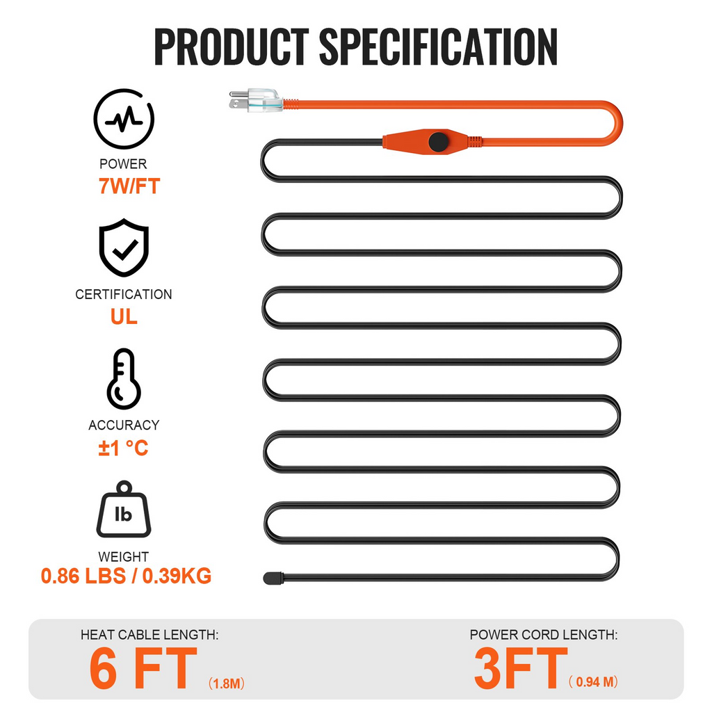 Cable calefactor para tuberías de 6 pies y 7 W/pie Cinta calefactora para tuberías con termostato incorporado