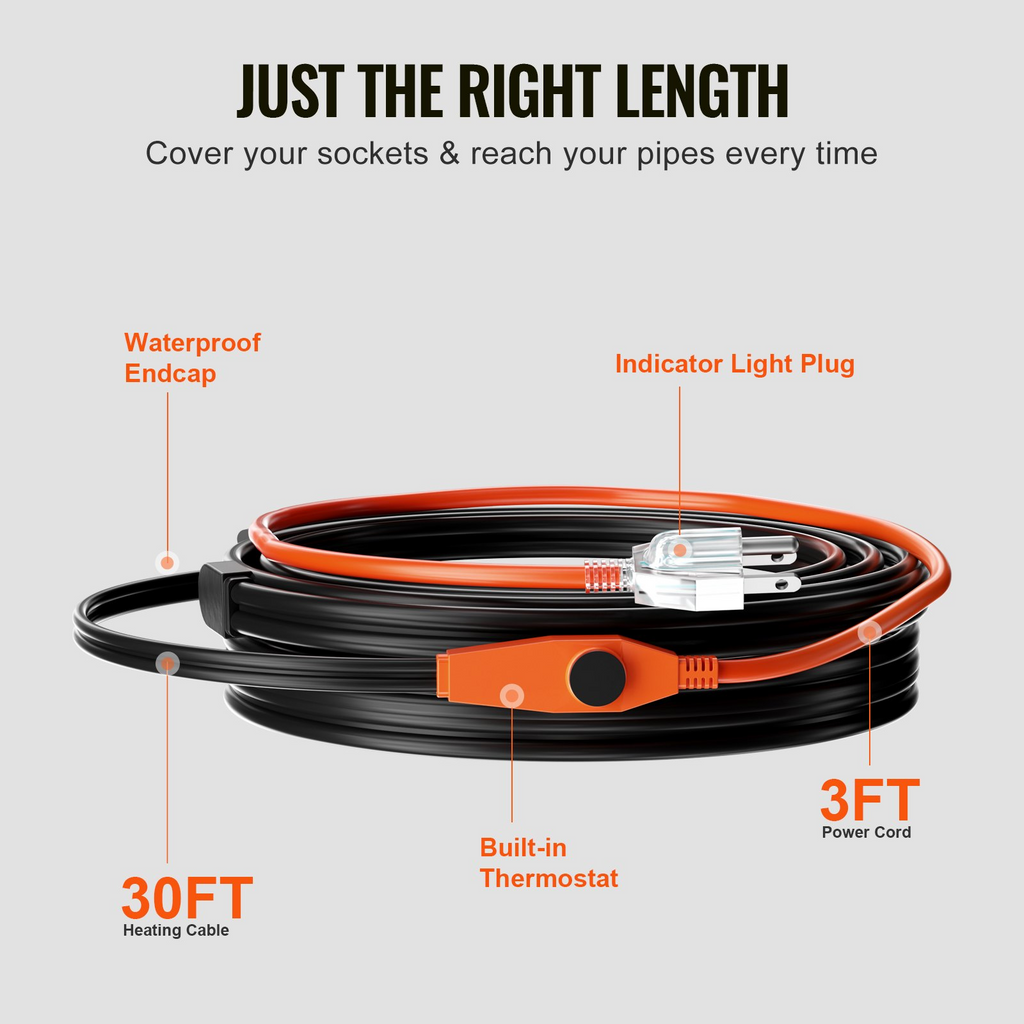 Cable calefactor para tuberías de 30 pies y 7 W/pie