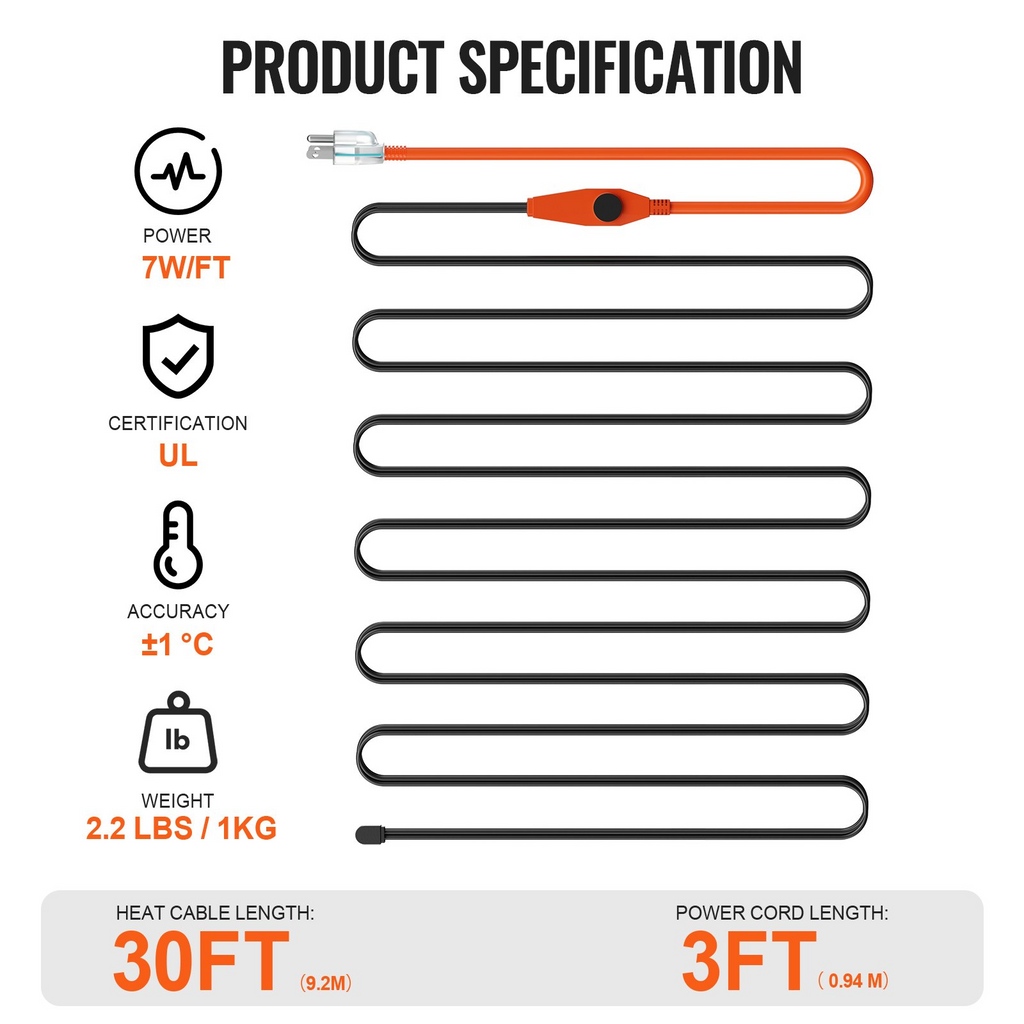 Cable calefactor para tuberías de 30 pies y 7 W/pie