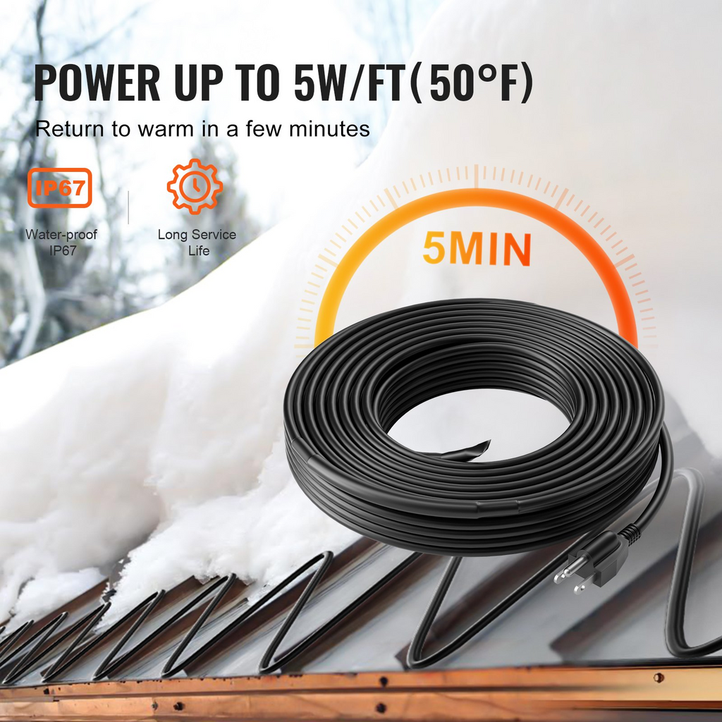 Cable calefactor autorregulable para tuberías de 7,3 m y 5 W/pie, cinta calefactora para tuberías y techos