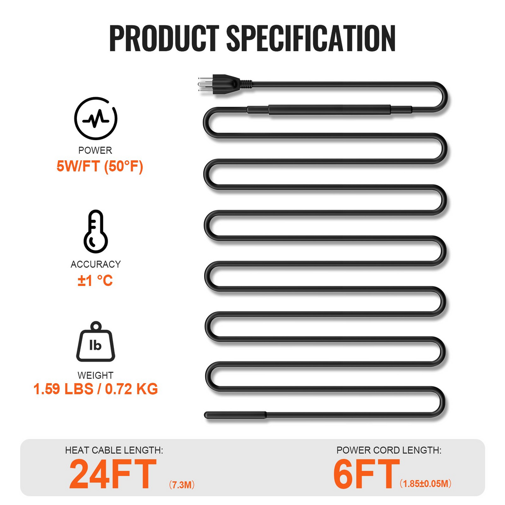 Cable calefactor autorregulable para tuberías de 7,3 m y 5 W/pie, cinta calefactora para tuberías y techos