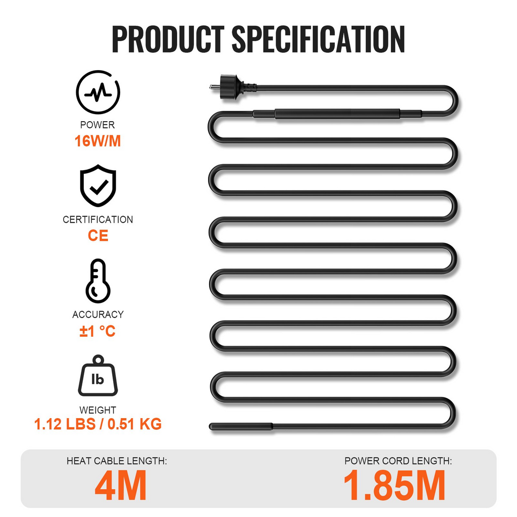 Cable calefactor autorregulable para tuberías de 3,6 m y 5 W/pie