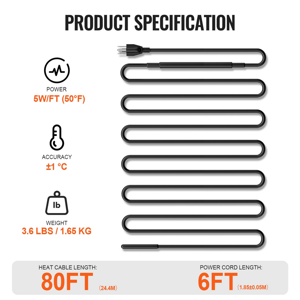 Cable calefactor autorregulable VEVOR de 80 pies y 5 W por pie, cinta calefactora para tuberías y techos