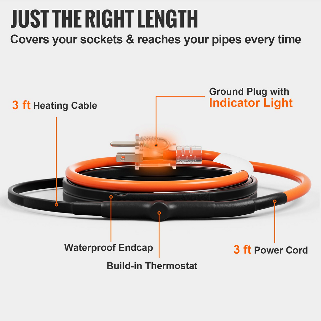 Cable calefactor autorregulable para tuberías de 3 pies y 5 W por pie con termostato