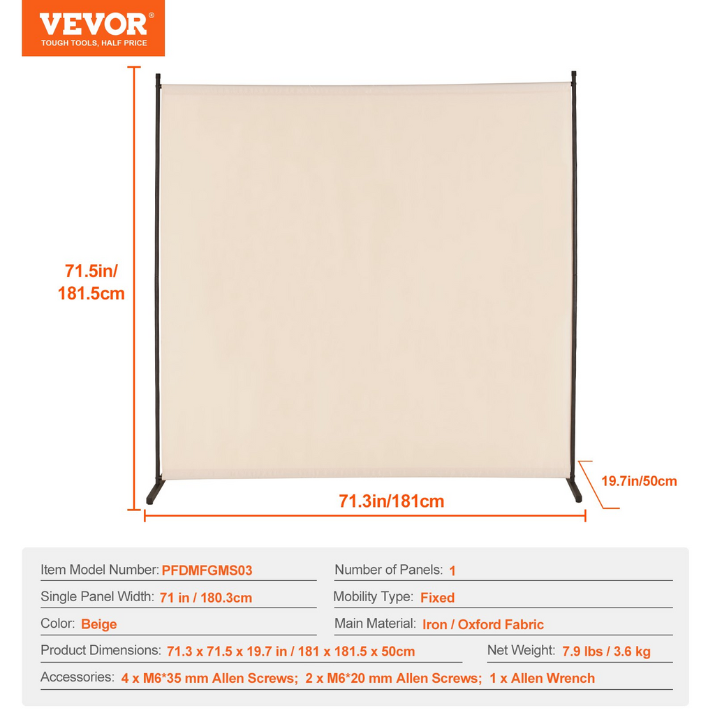 Biombo de tela de un solo panel VEVOR de 6 pies para dormitorio, oficina, color beige