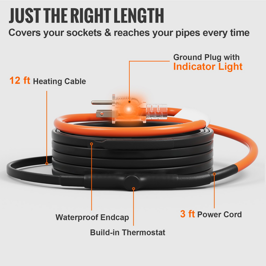 Cable calefactor autorregulable para tuberías de 3,6 m y 5 W/pie con termostato