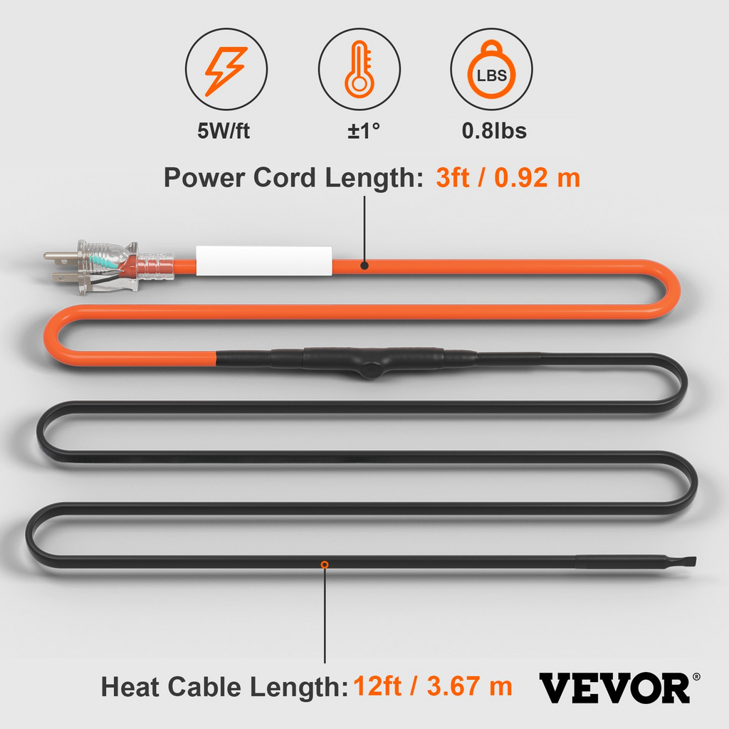 Cable calefactor autorregulable para tuberías de 3,6 m y 5 W/pie con termostato