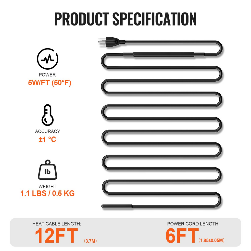 Cable calefactor autorregulable para tuberías de 3,6 m y 5 W/pie