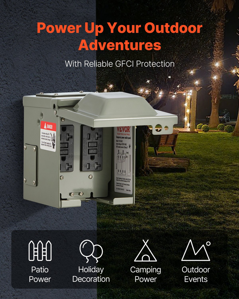 Caja de toma de corriente eléctrica para exteriores, 2 receptáculos GFCI de 20 amperios