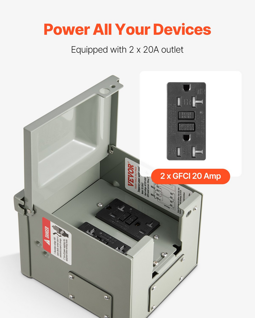 Caja de toma de corriente eléctrica para exteriores, 2 receptáculos GFCI de 20 amperios