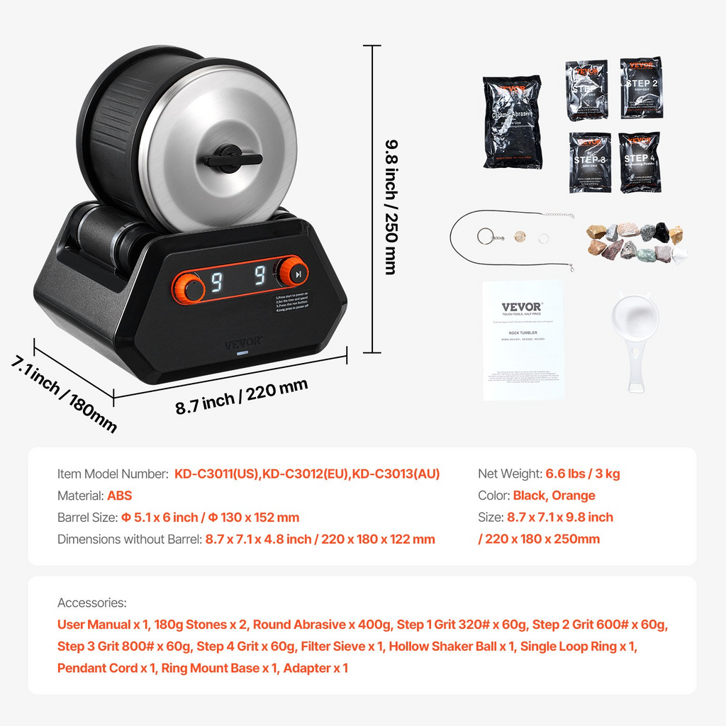 Kit pulidor de rocas de 4 libras, 9 velocidades, temporizador de 9 días con granos