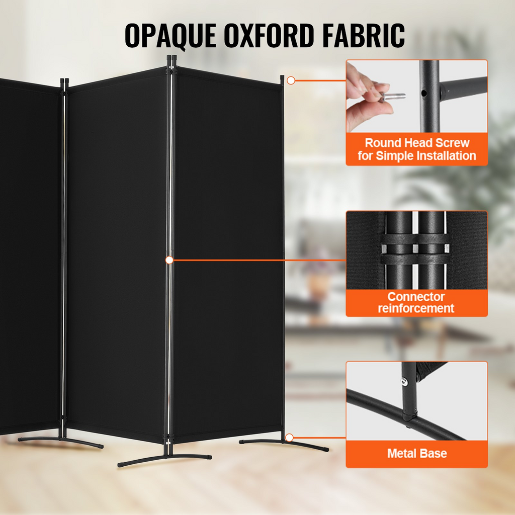 Biombo divisor de tela de 4 paneles para oficina, dormitorio, color negro