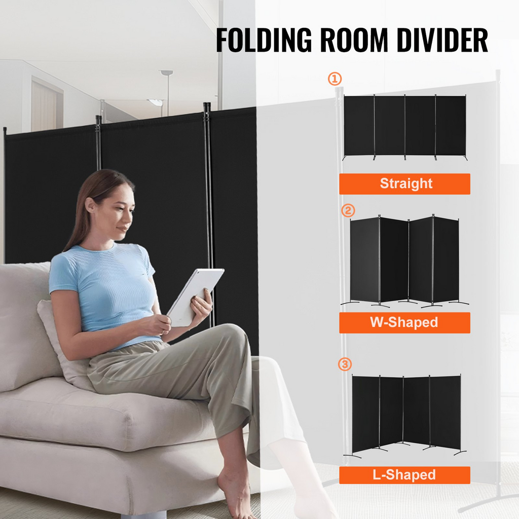 Biombo divisor de tela de 4 paneles para oficina, dormitorio, color negro