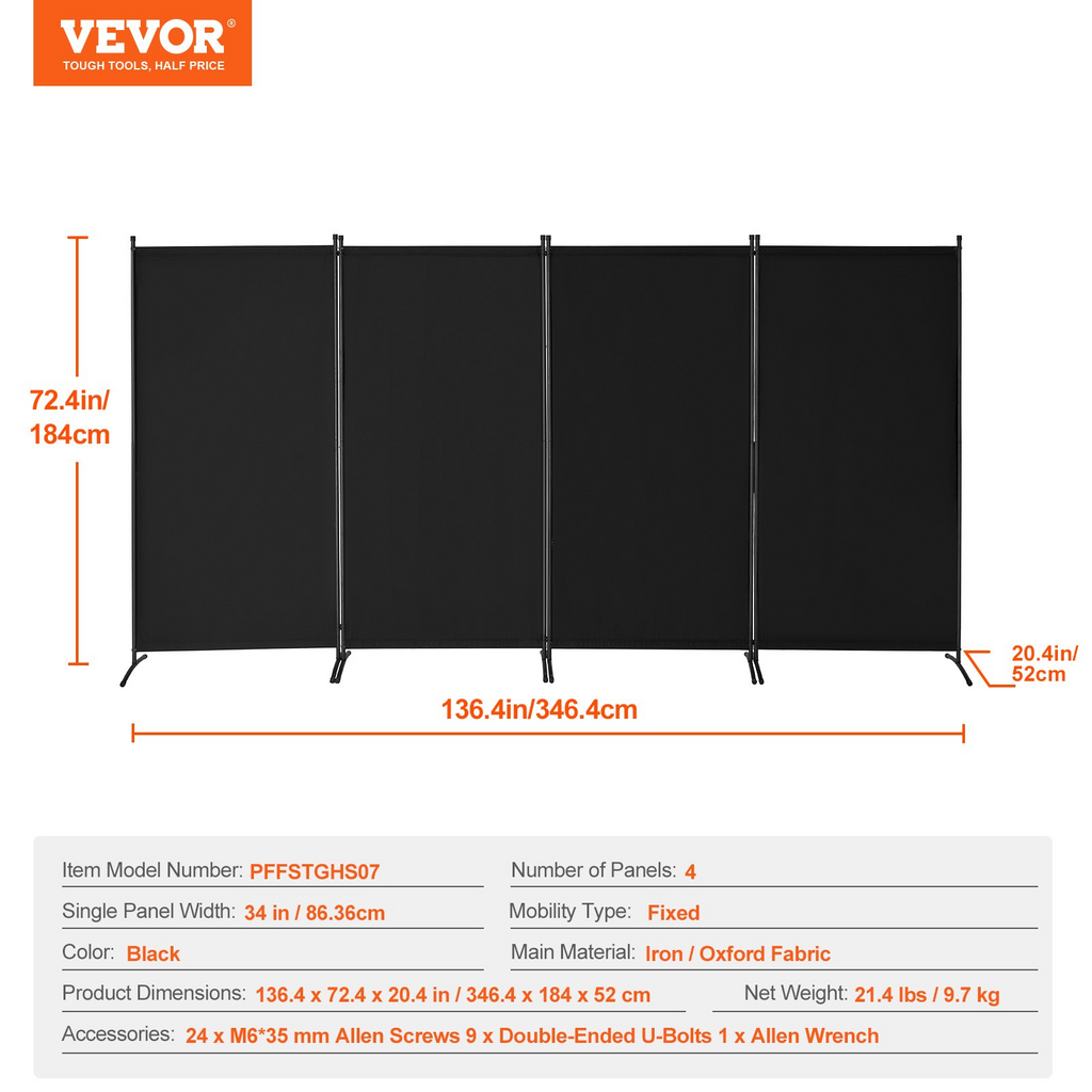 Biombo divisor de tela de 4 paneles para oficina, dormitorio, color negro