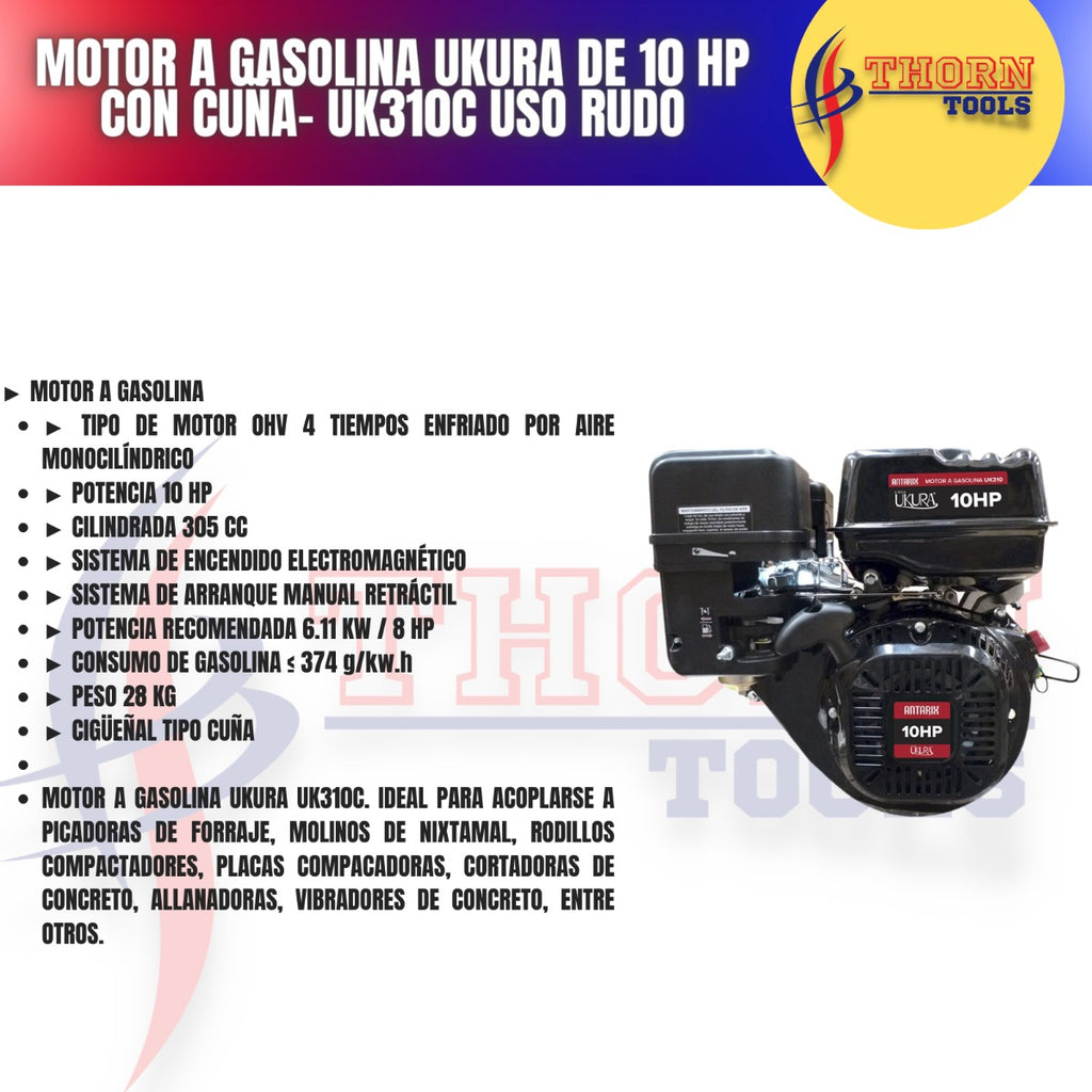 Motor A Gasolina Ukura 10 Hp Con Cuña Modelo Uk310c Uso Rudo