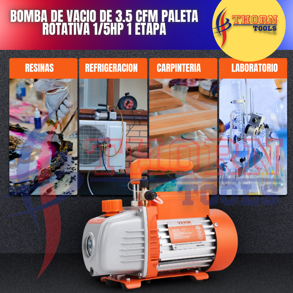 Bomba de vacio de 3.5 CFM paleta rotativa 1/5HP 1 etapa