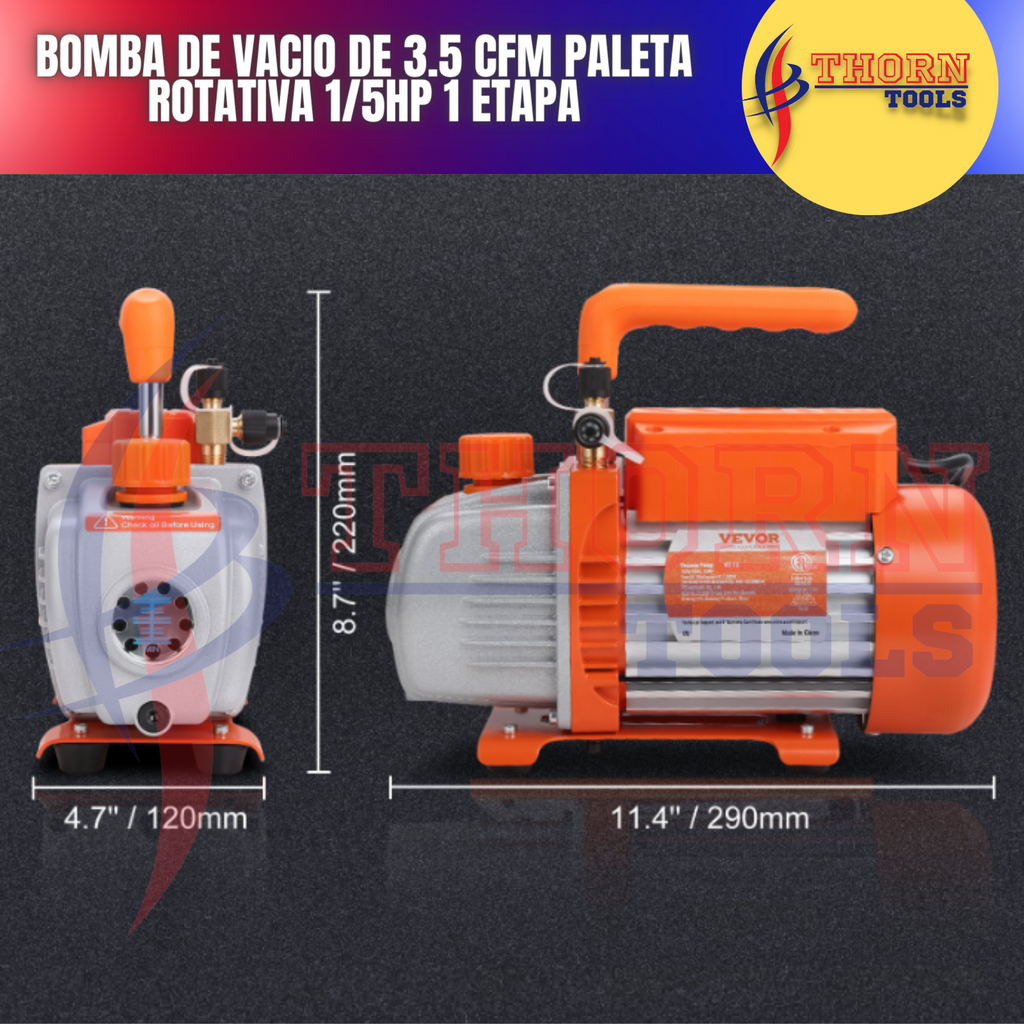 Bomba de vacio de 3.5 CFM paleta rotativa 1/5HP 1 etapa
