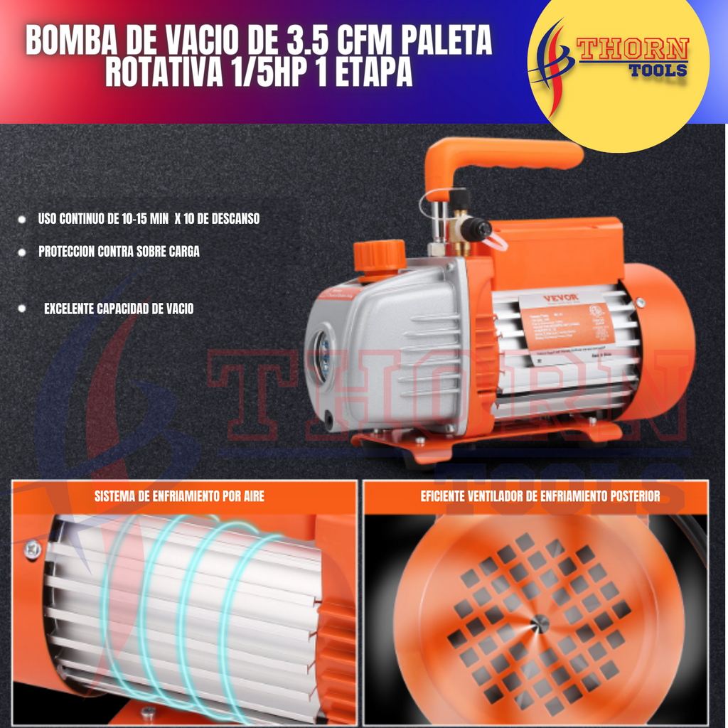 Bomba de vacio de 3.5 CFM paleta rotativa 1/5HP 1 etapa